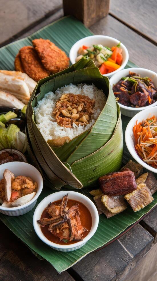 A plate of food with rice, meat and vegetables photo