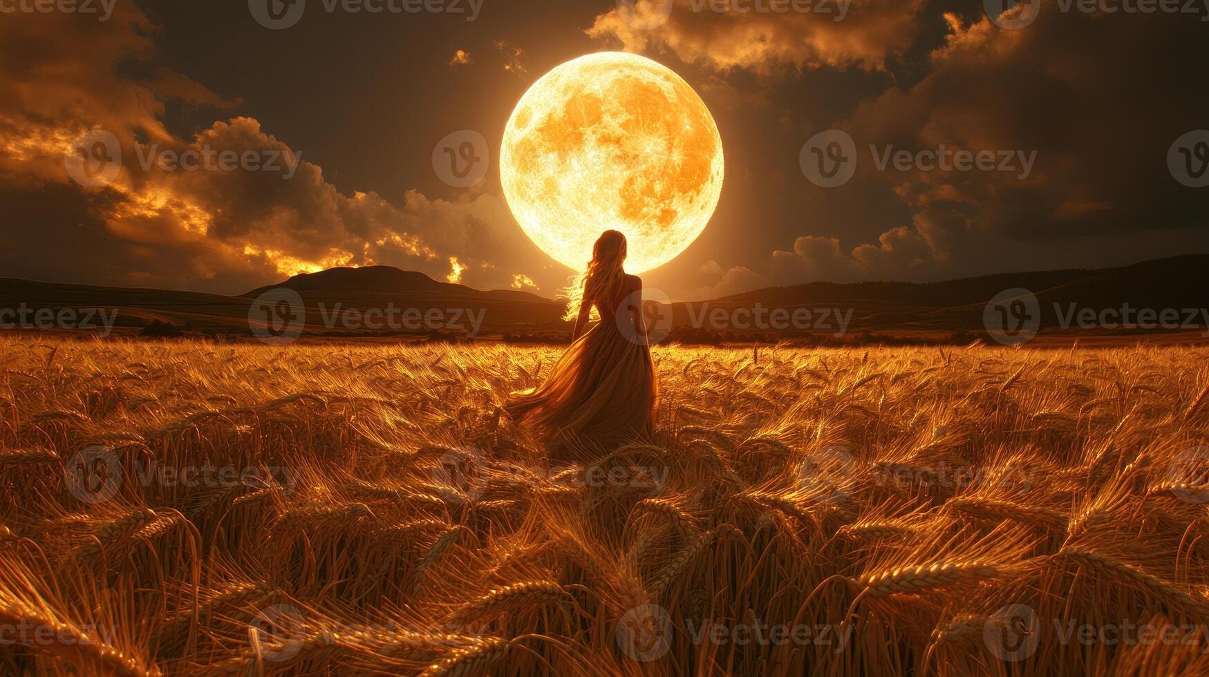 A woman is standing in a field with a full moon photo
