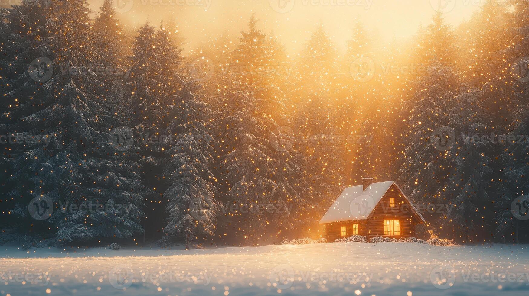 A small cabin in the snow with the sun shining through the trees photo