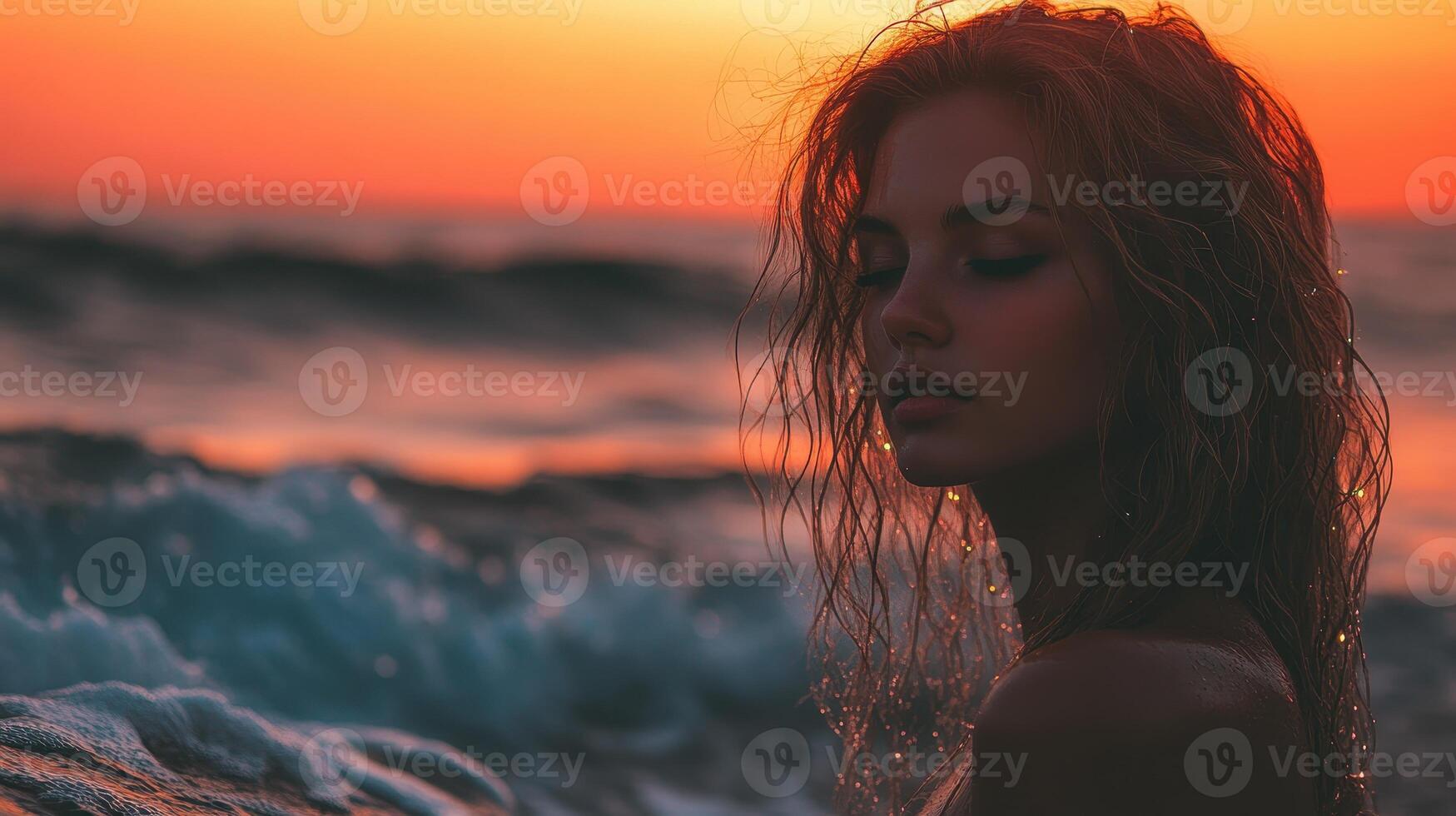 Woman ocean sunset serene beach waves calmness photo