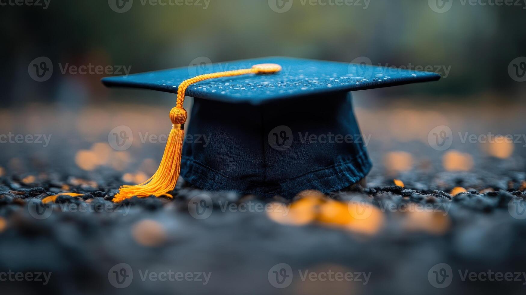 Graduation cap on ground, autumn leaves, outdoor photo