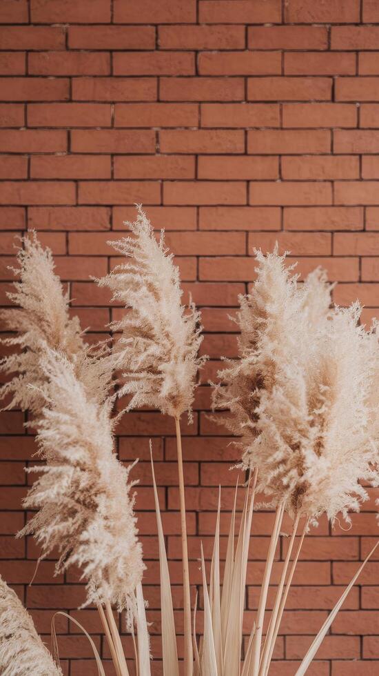 Pampas grasses against a brick wall photo