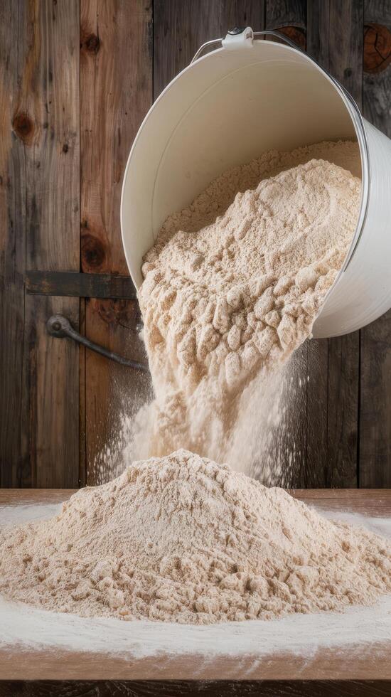 A white bucket filled with flour being poured into a bowl photo