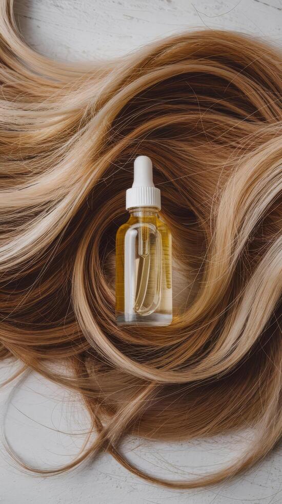 A natural oil or serum for hr care lying on a ply of blonde hr photo