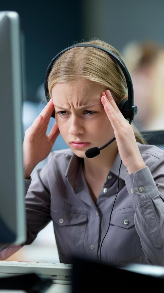 A woman wearing headphones and looking at a computer screen photo