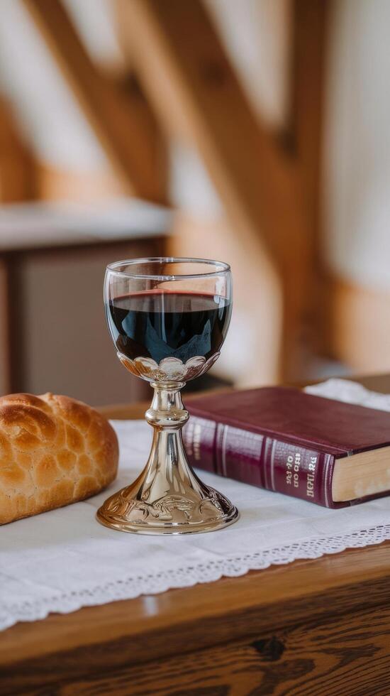 A chalice, bread and bible on a table photo