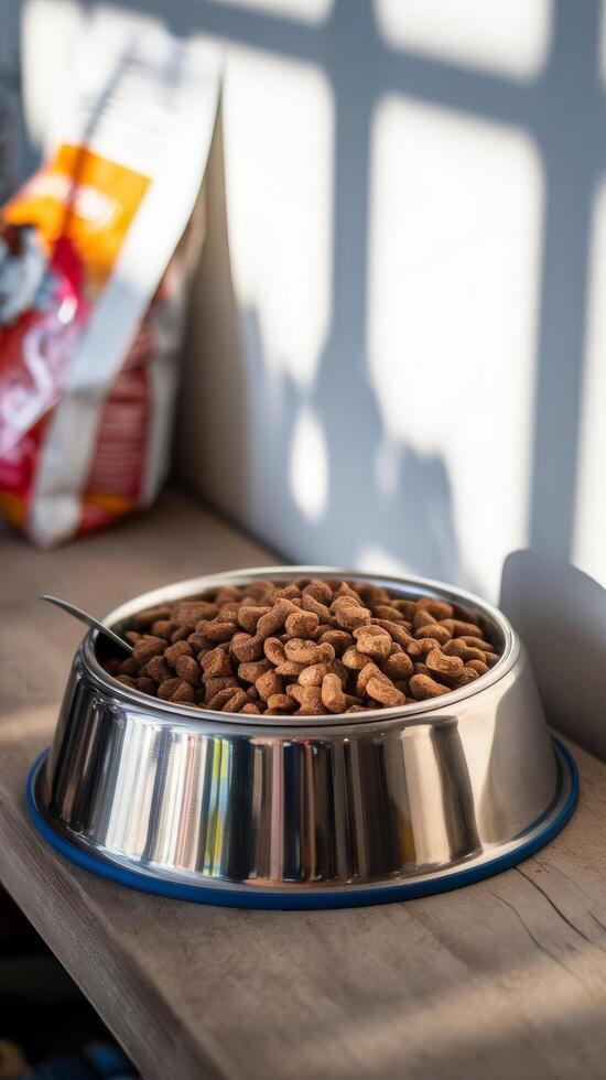 A dog bowl filled with dog food sitting on a table photo