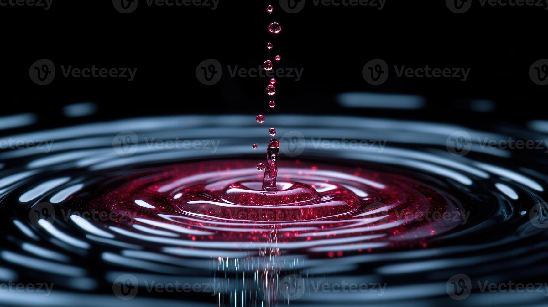 Red liquid drop impact, ripple effect, dark background, science photo