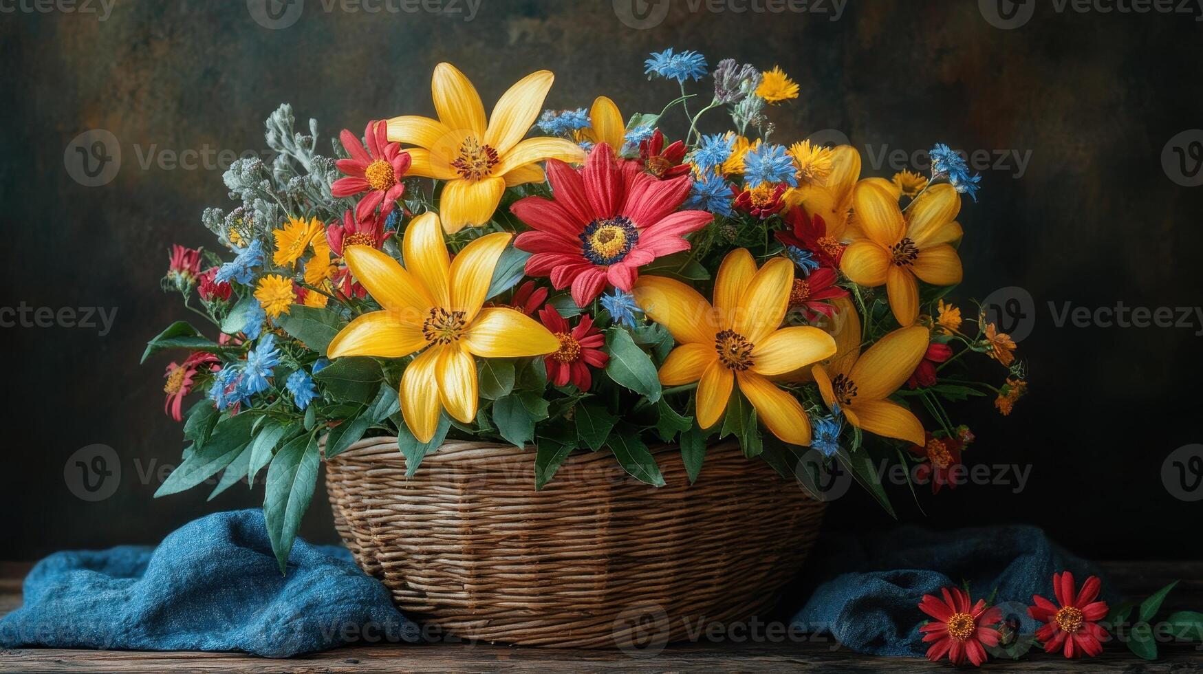 Vibrant summer wildflowers in basket, rustic setting, floral arrangement, home decor photo