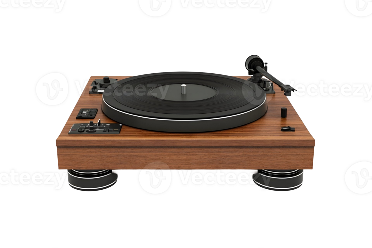 Retro-style turntable featuring a wooden base, spinning black vinyl record, and sleek design png