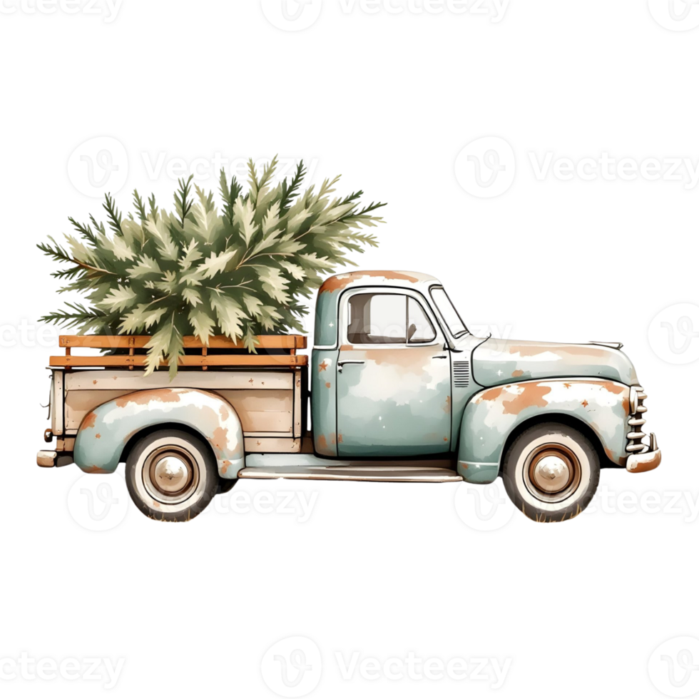 An old truck with a christmas tree in the back png