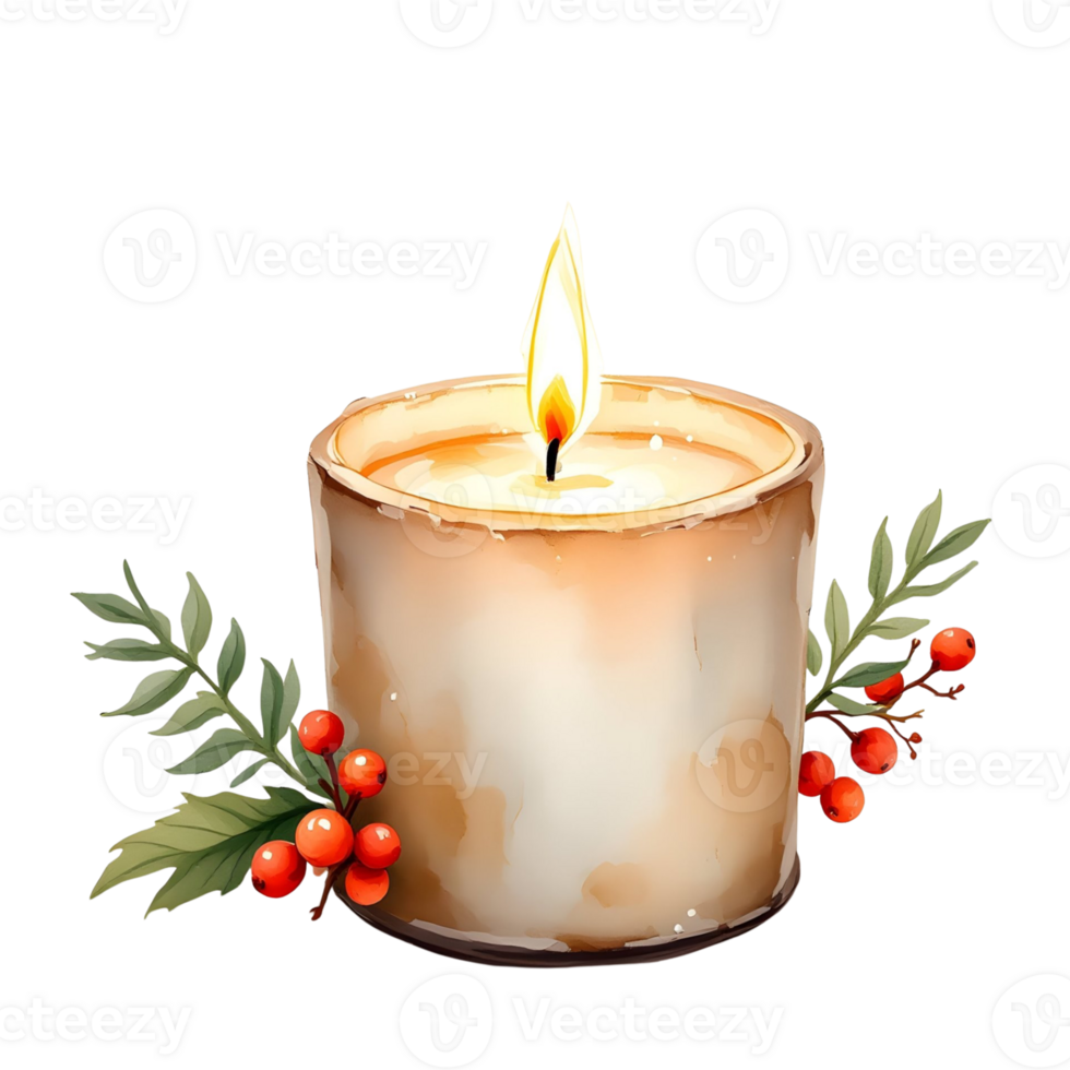 A candle with berries and holly leaves png