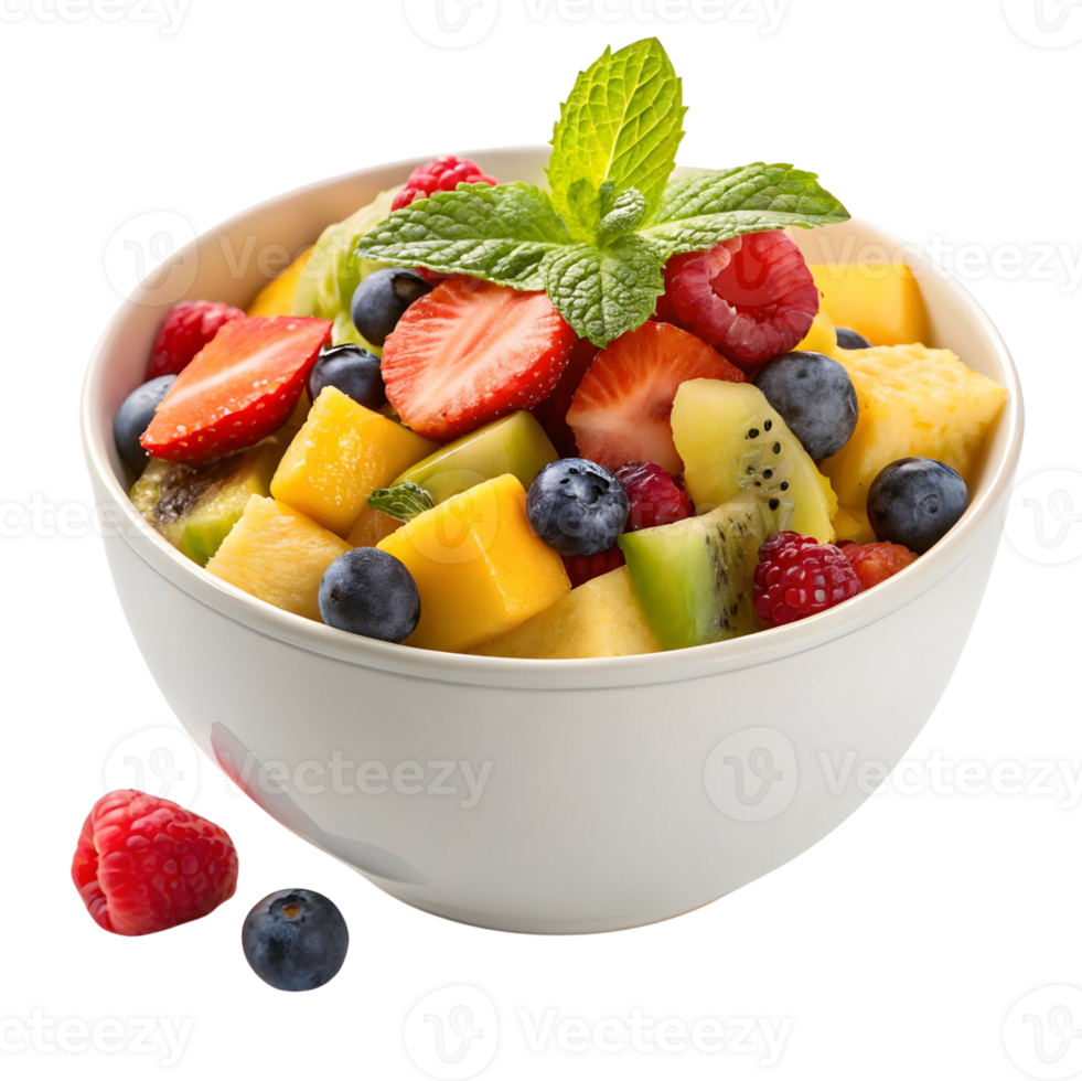 A vibrant fruit salad brimming with strawberries, mango, kiwi, blueberries, raspberries, and pineapple, garnished with mint. Served in a white bowl. png