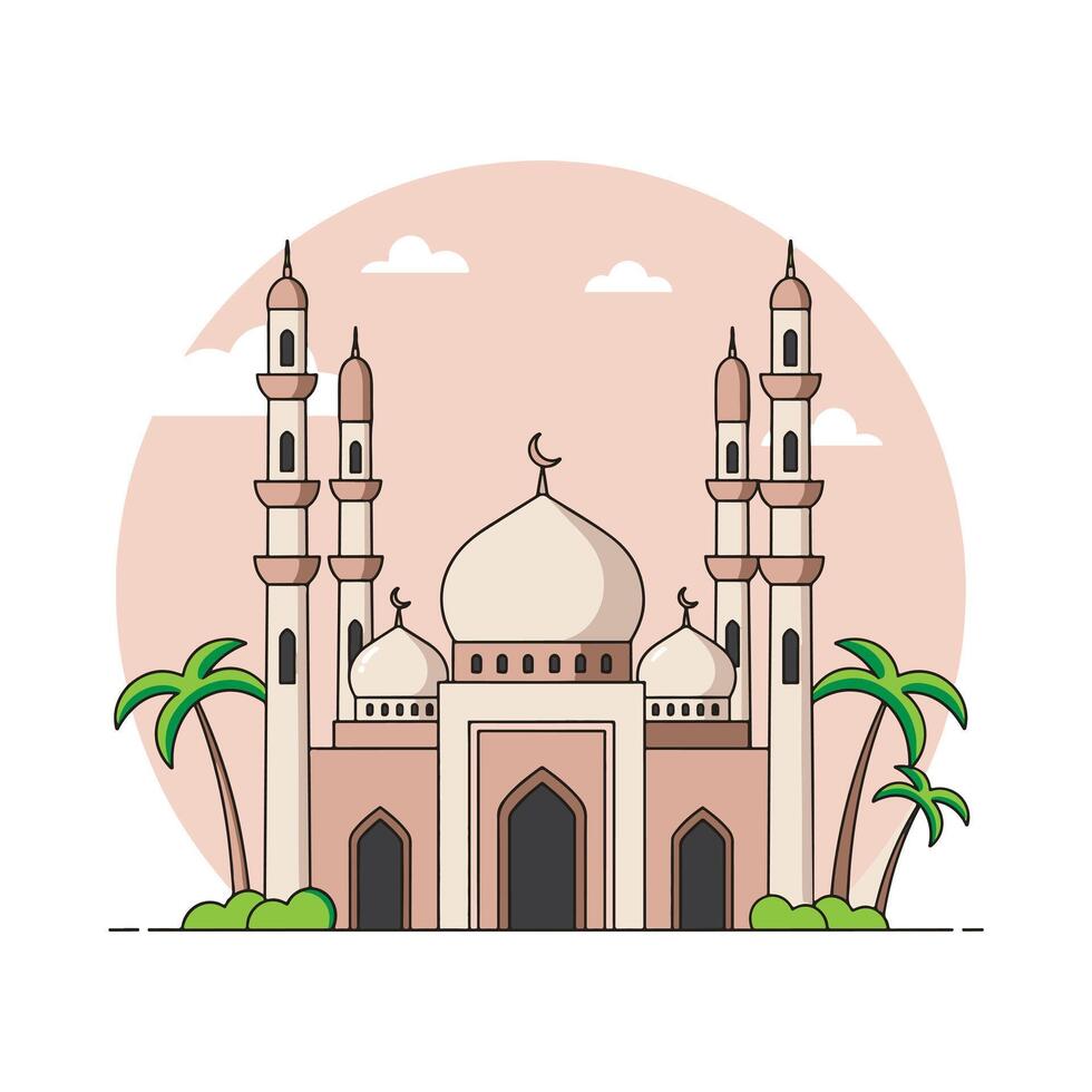 islamic mosque with palm trees and sun on white background vector