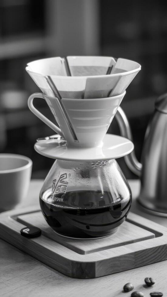 A coffee dripper on a table with a cup of coffee photo