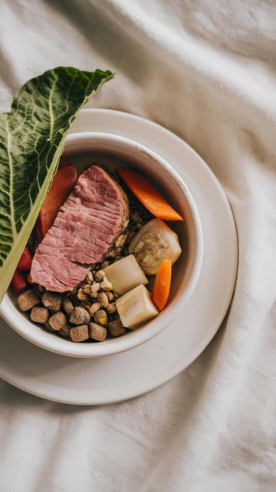 A bowl of food with meat, vegetables and a leaf photo