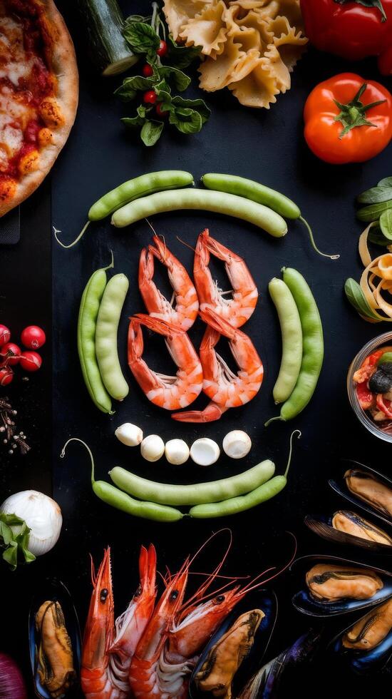 A pizza, shrimp, vegetables and other food items arranged in a circle photo