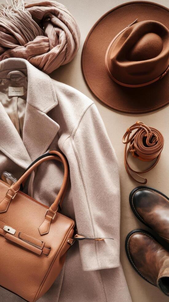 A woman's handbag, hat, shoes and coat photo