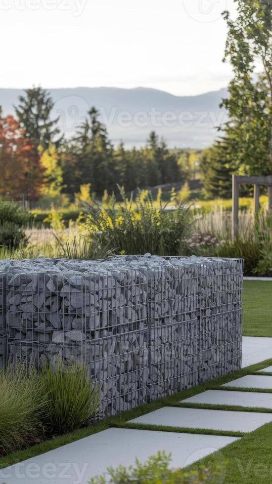A garden with a stone wall and grass photo