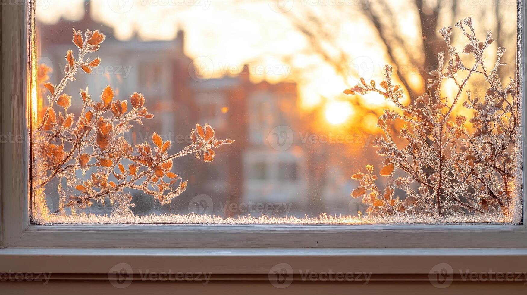 A frosty window with the sun setting behind it photo
