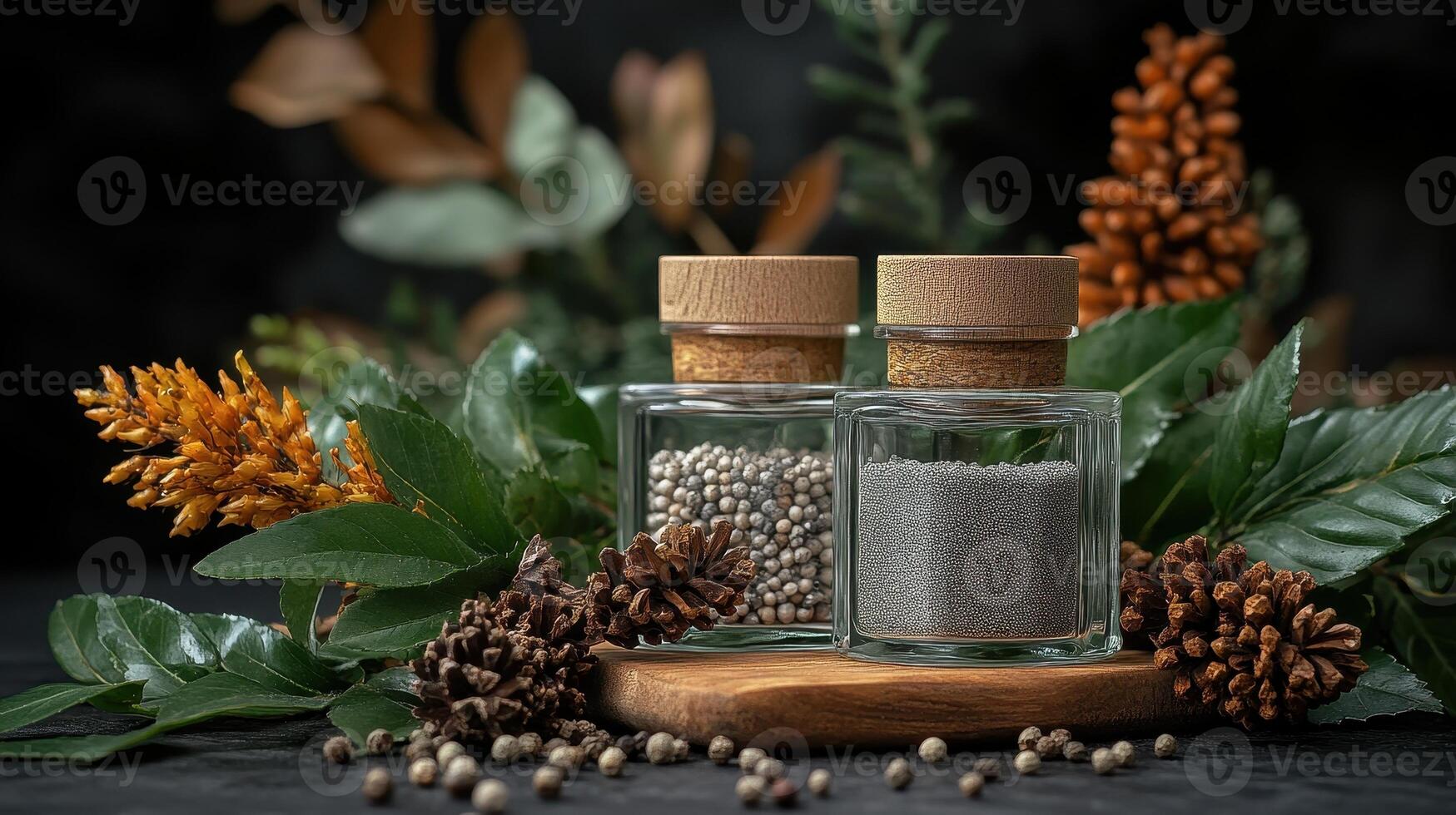 Spices in glass jars, autumnal setting, dark background, food photography photo