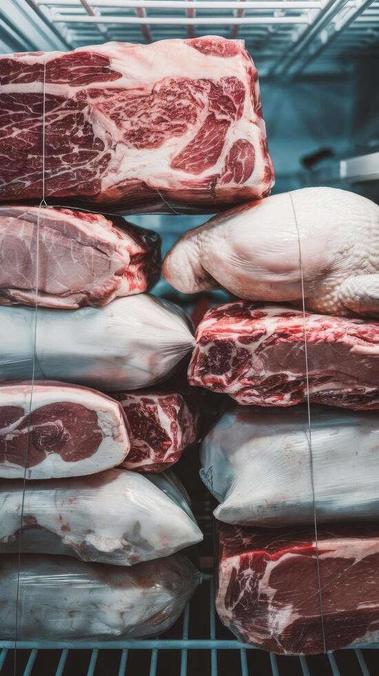 Frozen meat in plastic wrap or cling film in the freezer photo
