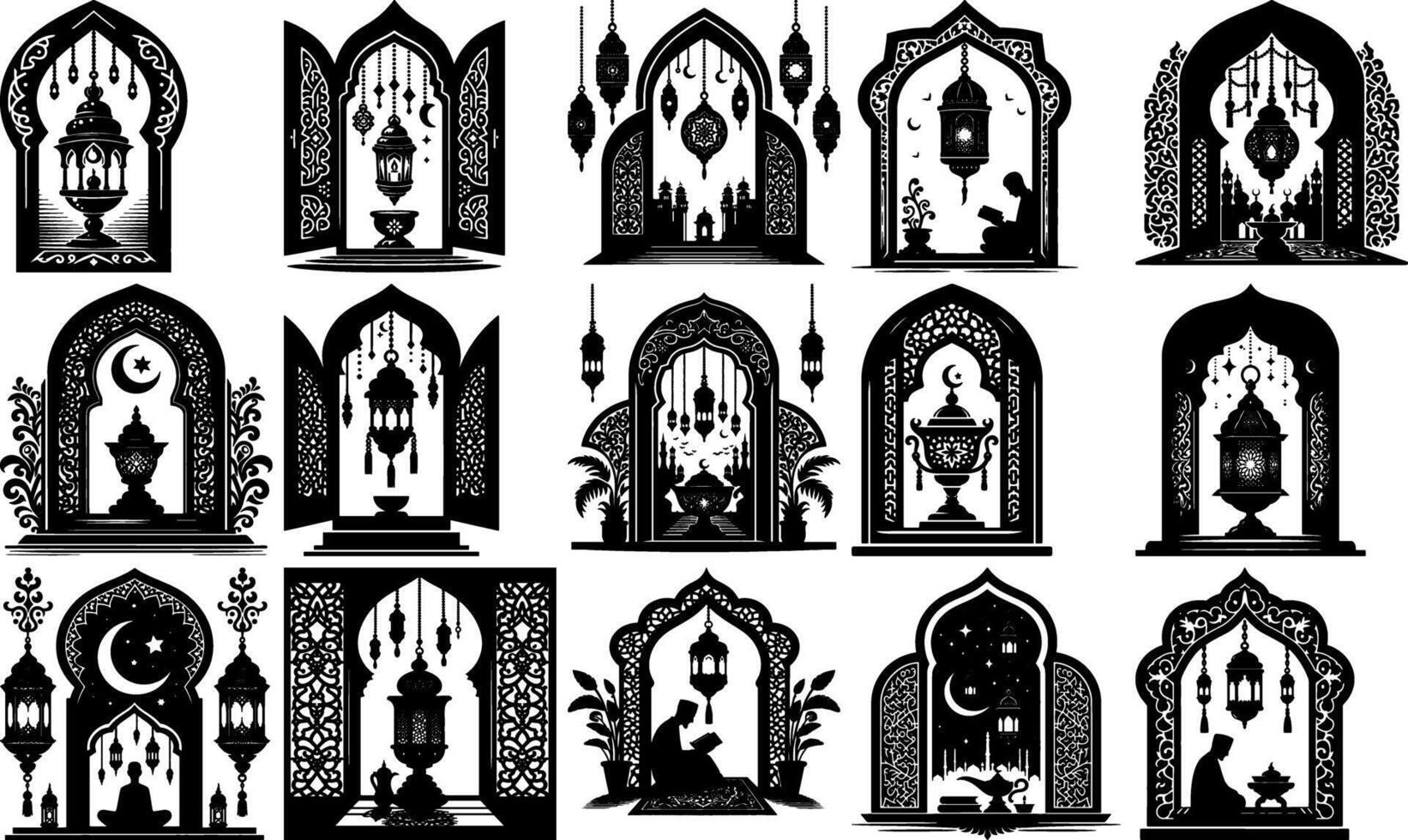 A set of Bulk Ramadan Islamic Lantern Silhouettes Design Set vector