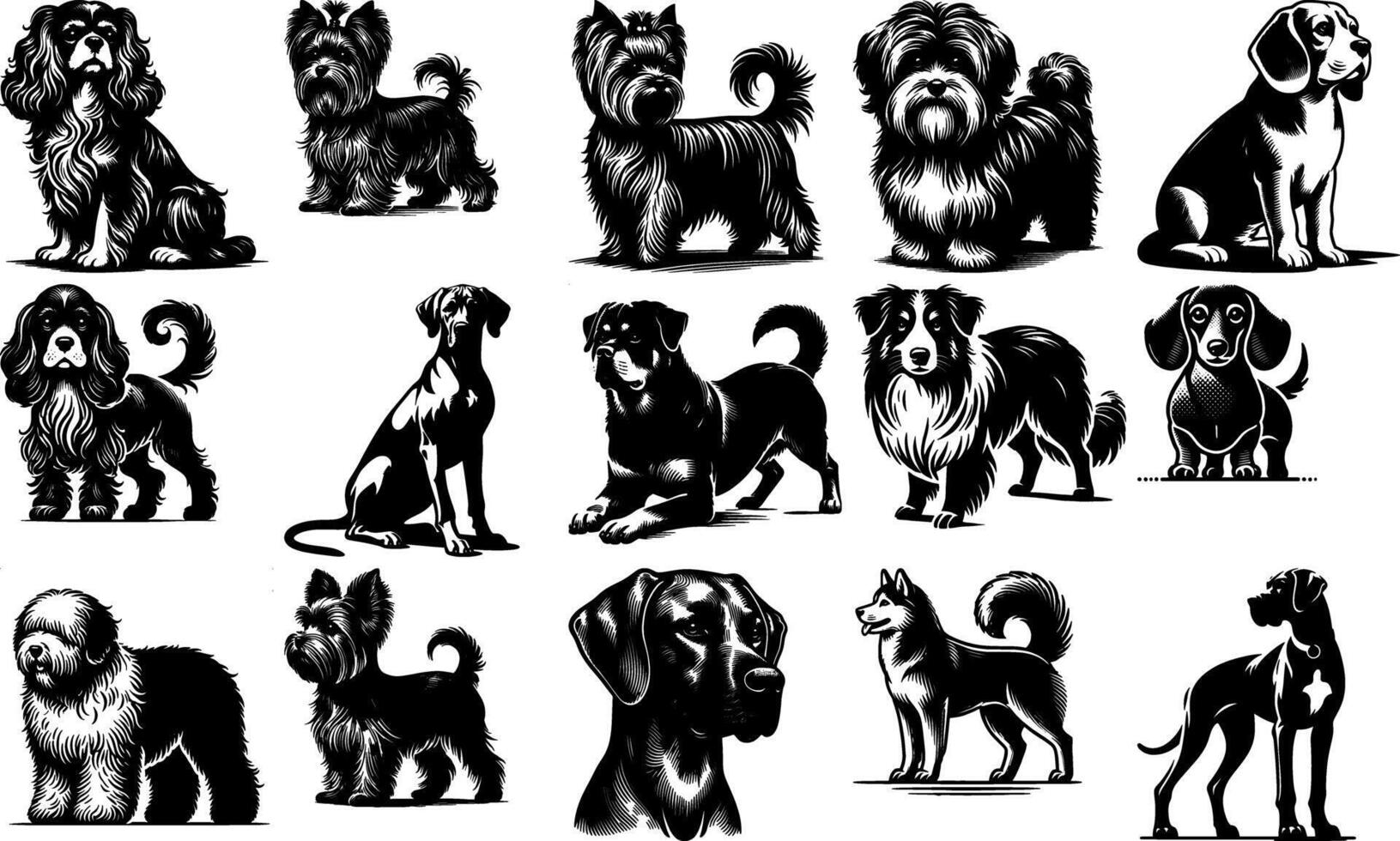 A set of black Black Dog Breeds Silhouettes Set Design vector
