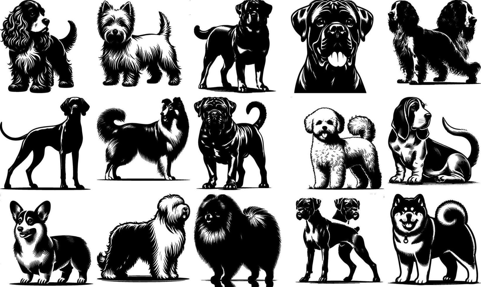 A set of black Black Dog Breed Illustrations Set vector