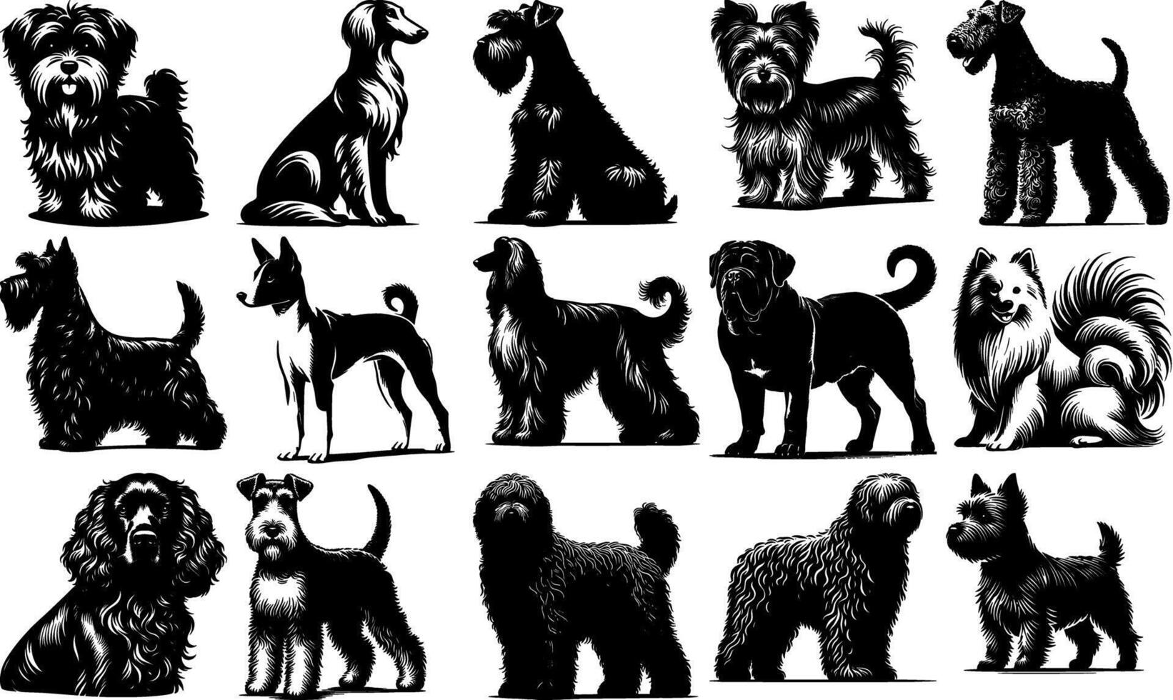 A set of black Black Dog Silhouette Art of Multiple Breeds vector