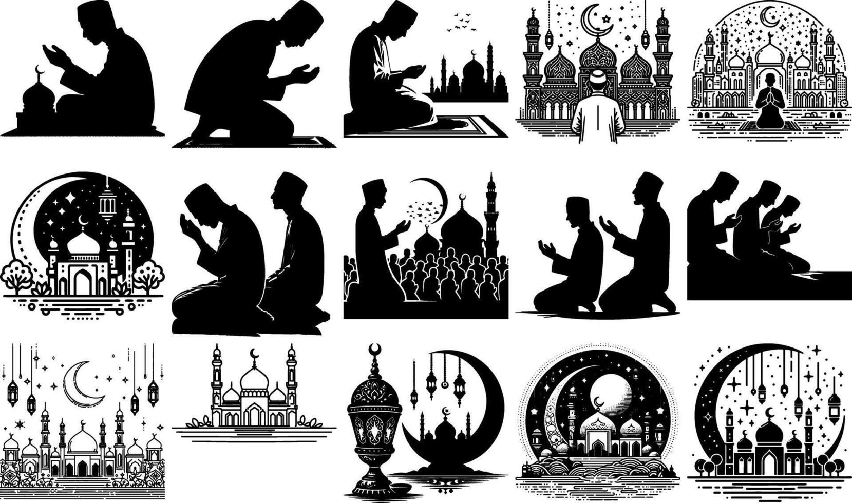 Bulk Liquid Muslim Man Praying Silhouettes Design vector