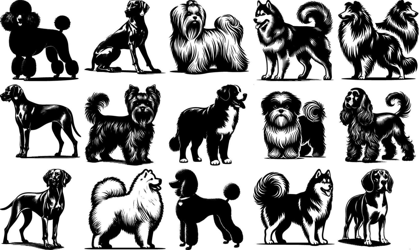 A set of black Black Silhouette Art of Different Dog Breeds vector