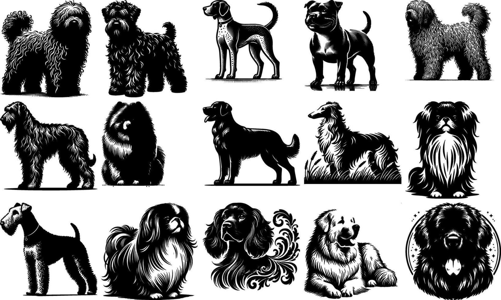 A set of black Dog Silhouette Art in Multiple Breeds vector