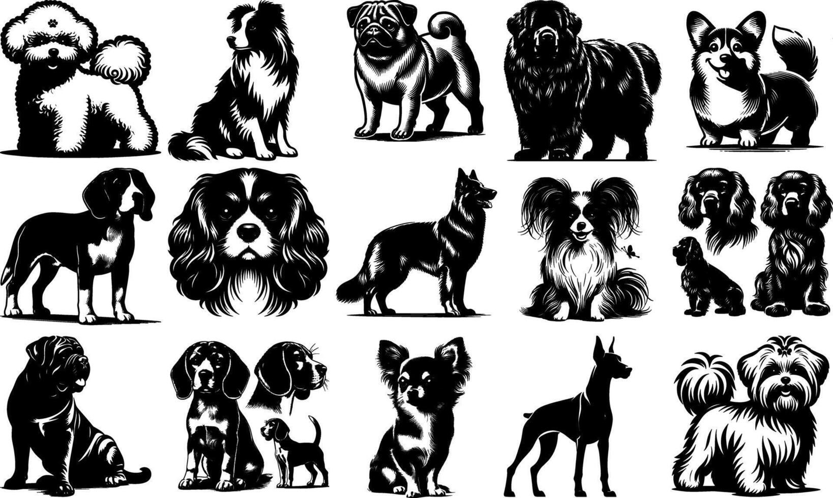 A set of black Various Black Dog Silhouettes Design vector