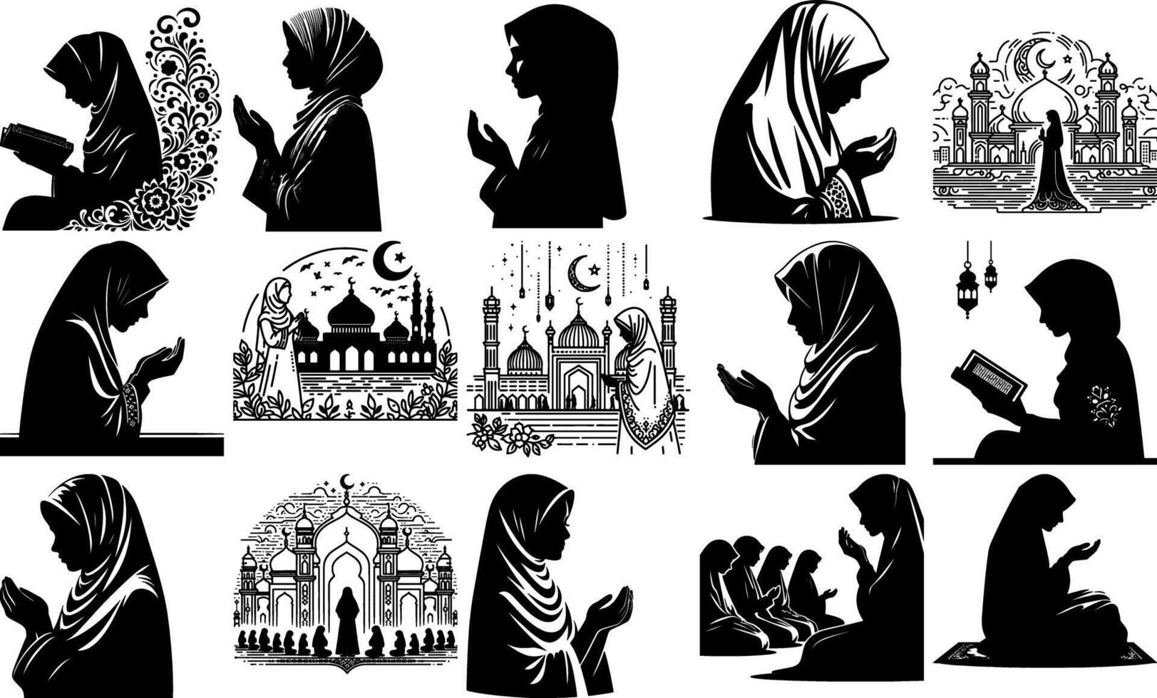 A set of Bulk Islamic Prayer Silhouettes of Women in Bulk Liquid Design vector