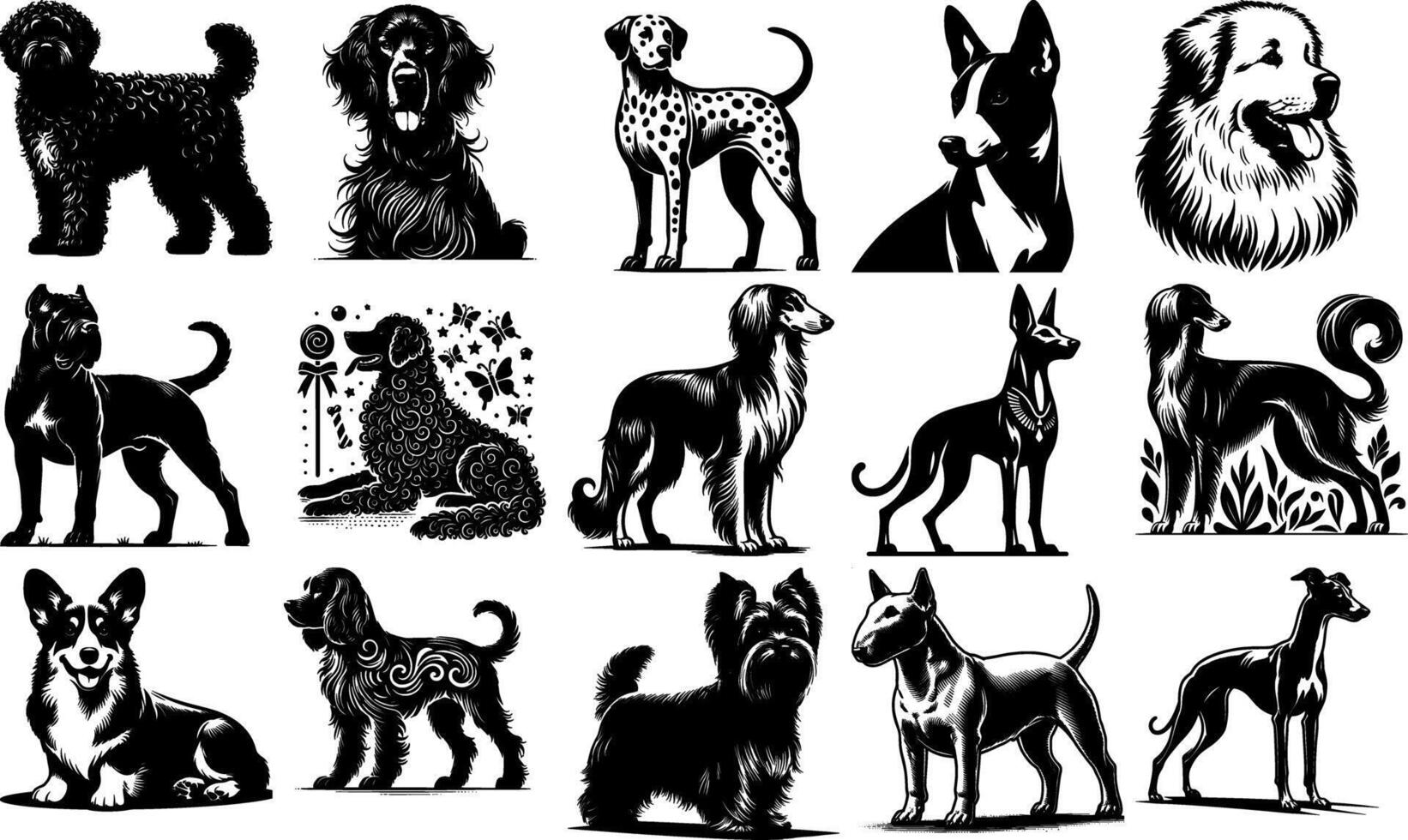 A set of black Black Dog Breeds Silhouettes Set vector