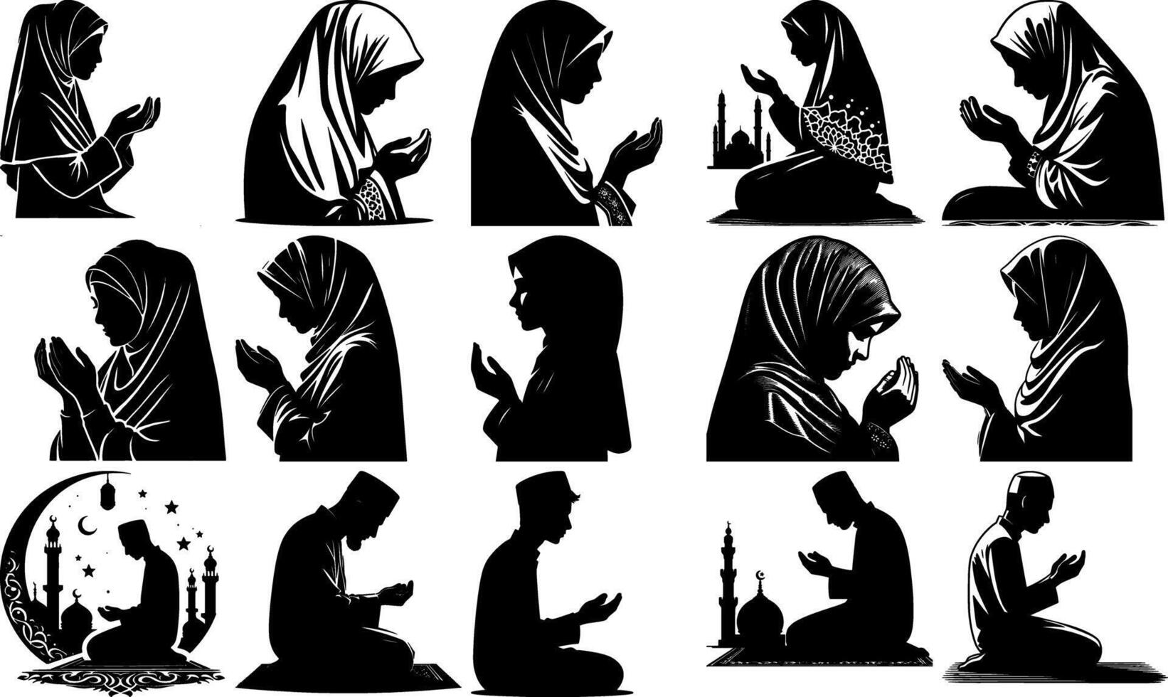 A set of Bulk Bulk Liquid Muslim Women Praying Silhouettes Design vector