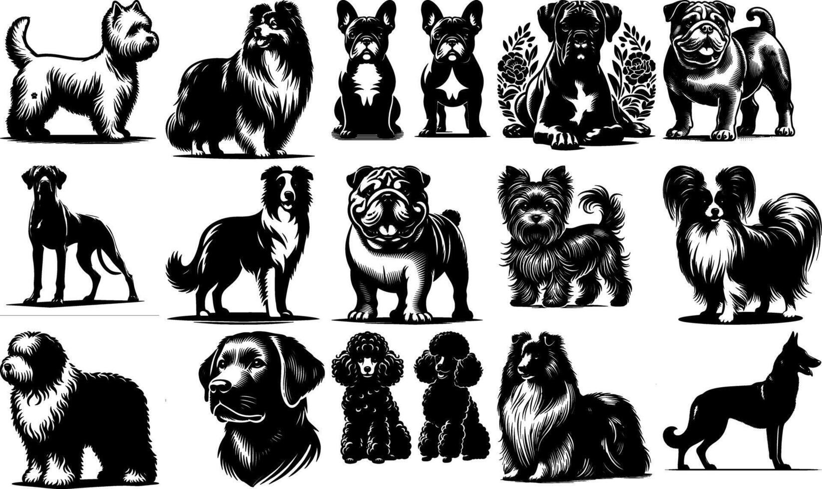 A set of black Dog Silhouette Designs Multiple Breeds vector