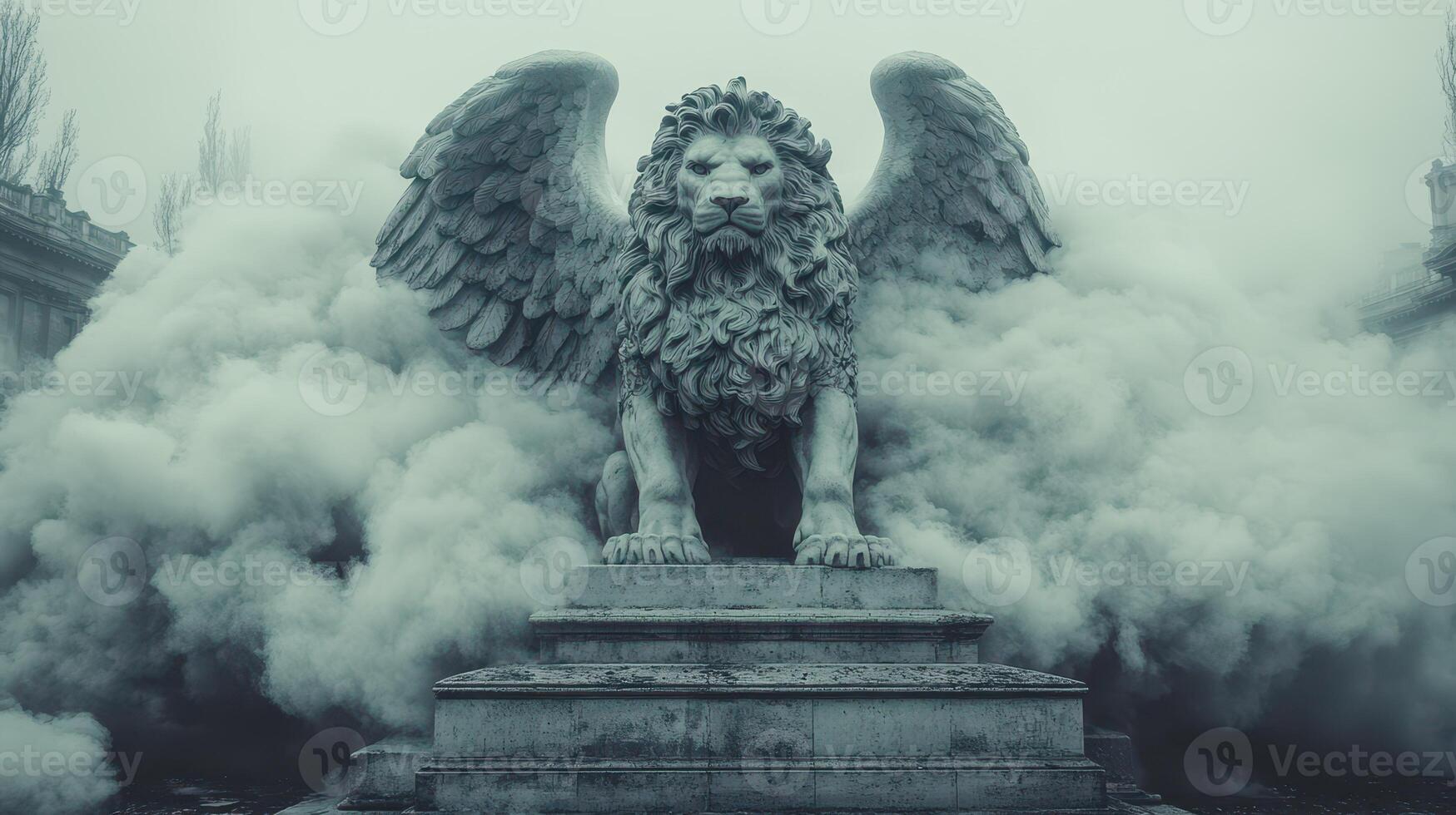 Winged lion statue in fog, city backdrop photo