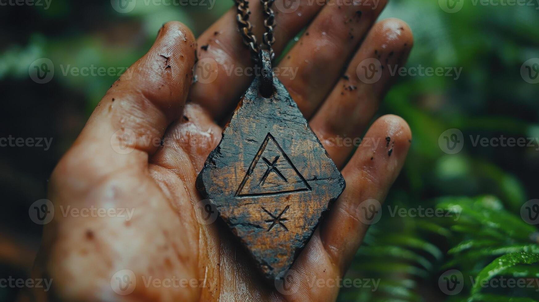 Mud-covered hand holding ancient amulet, jungle background, archaeology photo