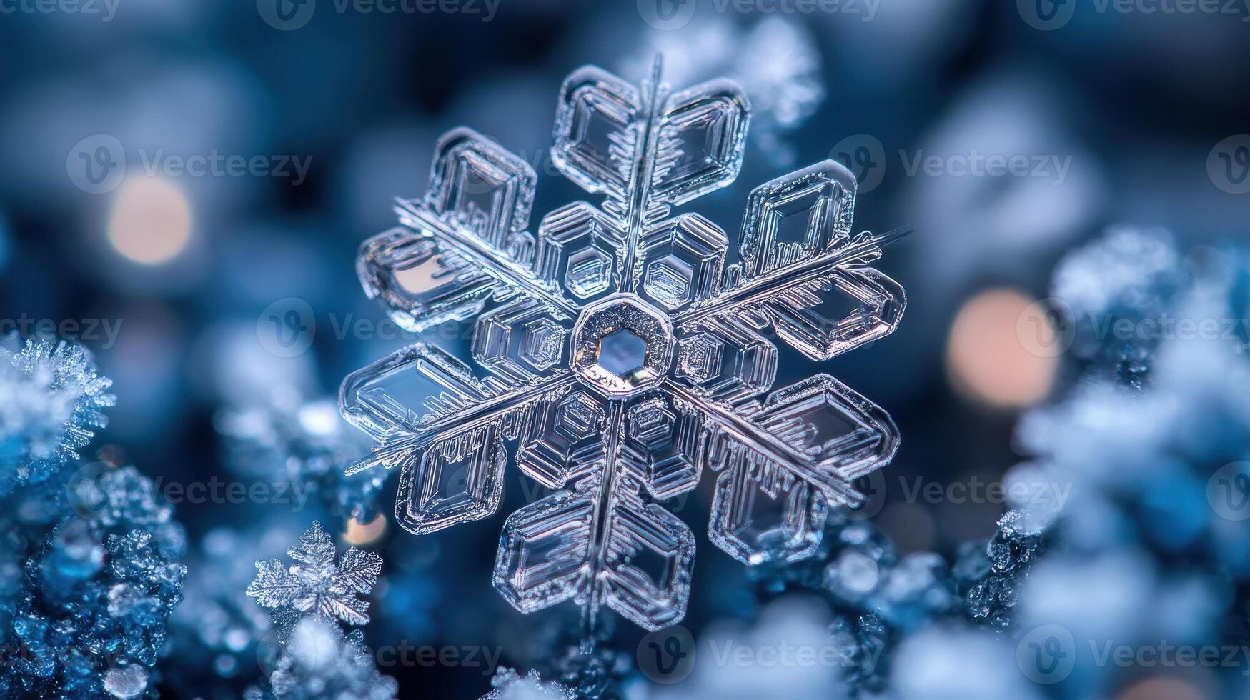 Intricate snowflake macro, winter scene, bokeh background, holiday card photo