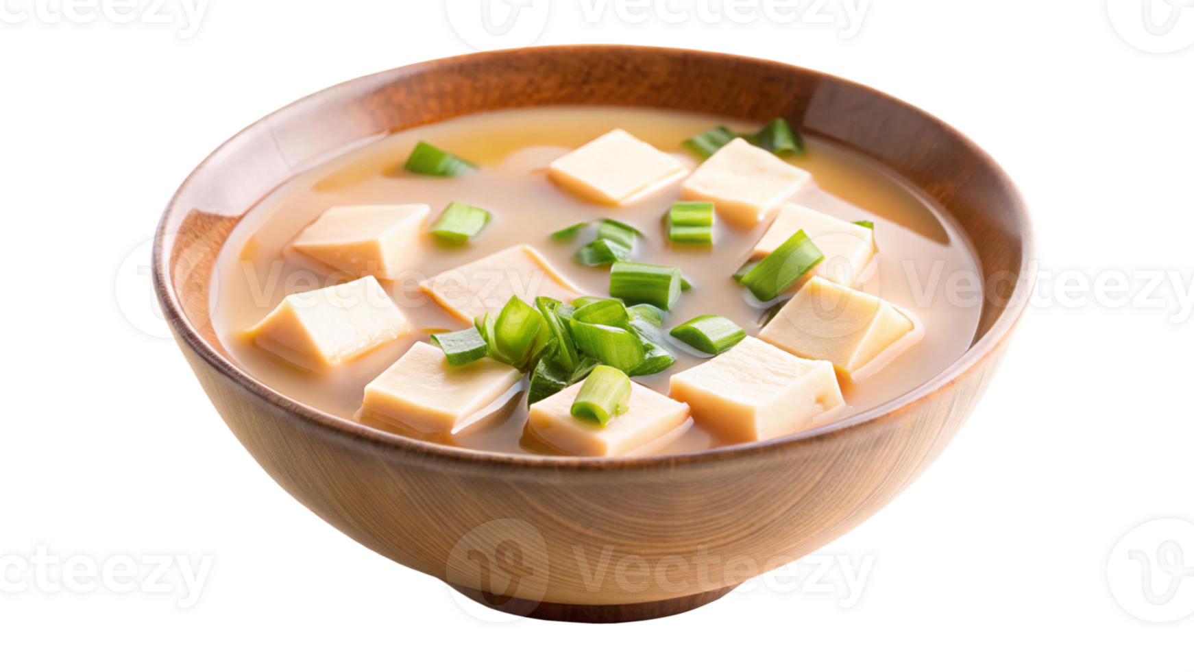 Steaming bowl of miso soup with tofu and green onions, photographed in natural light png