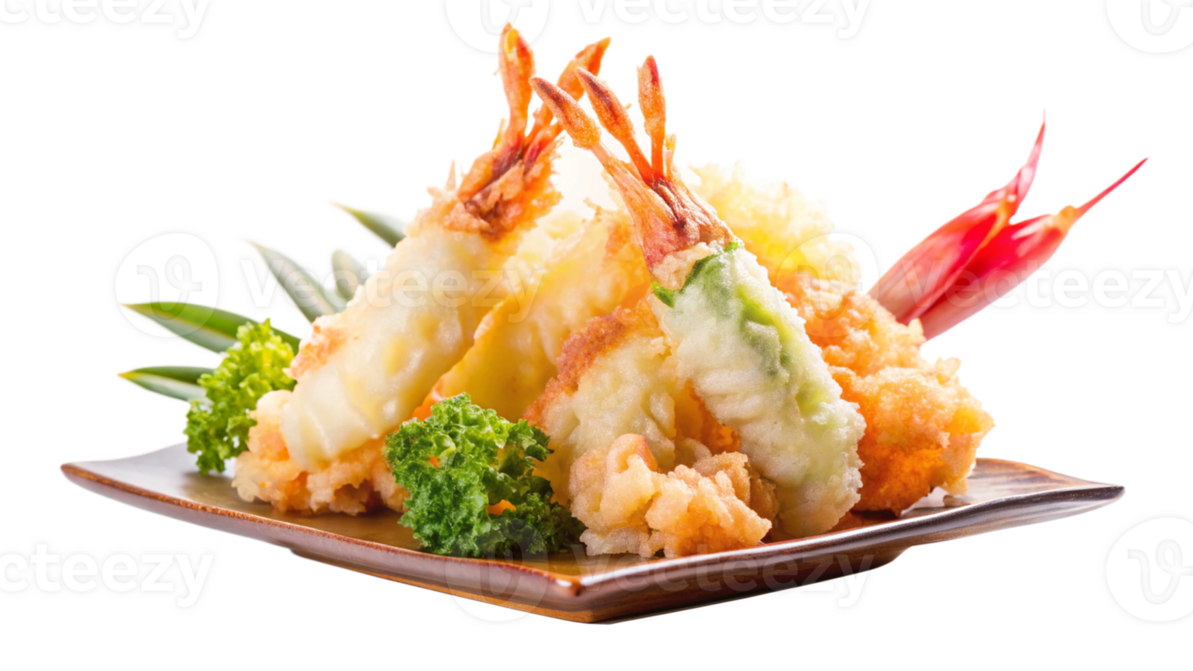 Close-up of tempura shrimp and vegetables, crispy and golden, isolated png