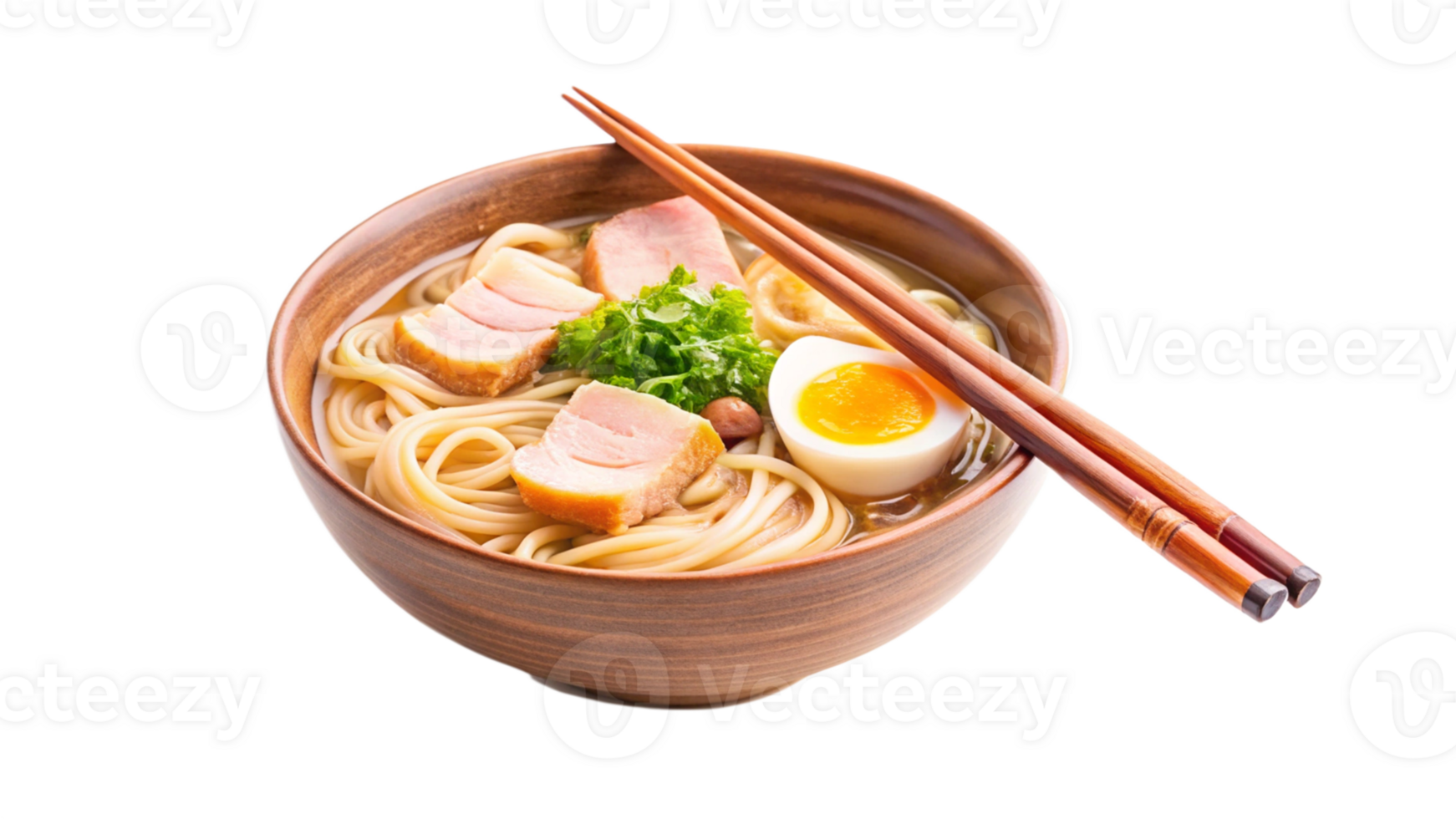 Traditional ramen bowl with chopsticks, captured in soft natural light png