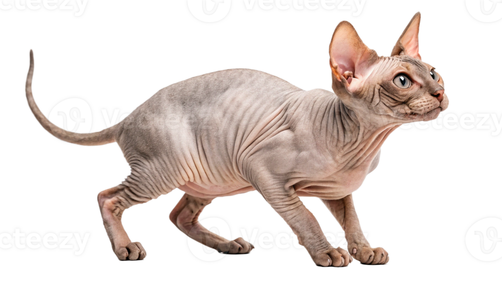 A curious Sphynx cat with a wrinkled skin, exploring a transparent background png