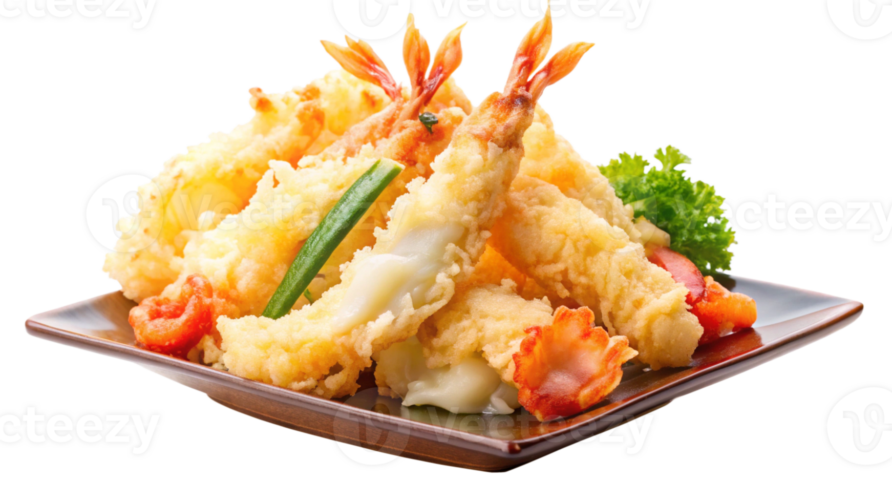 Close-up of tempura shrimp and vegetables, crispy and golden, isolated on a transparent background png