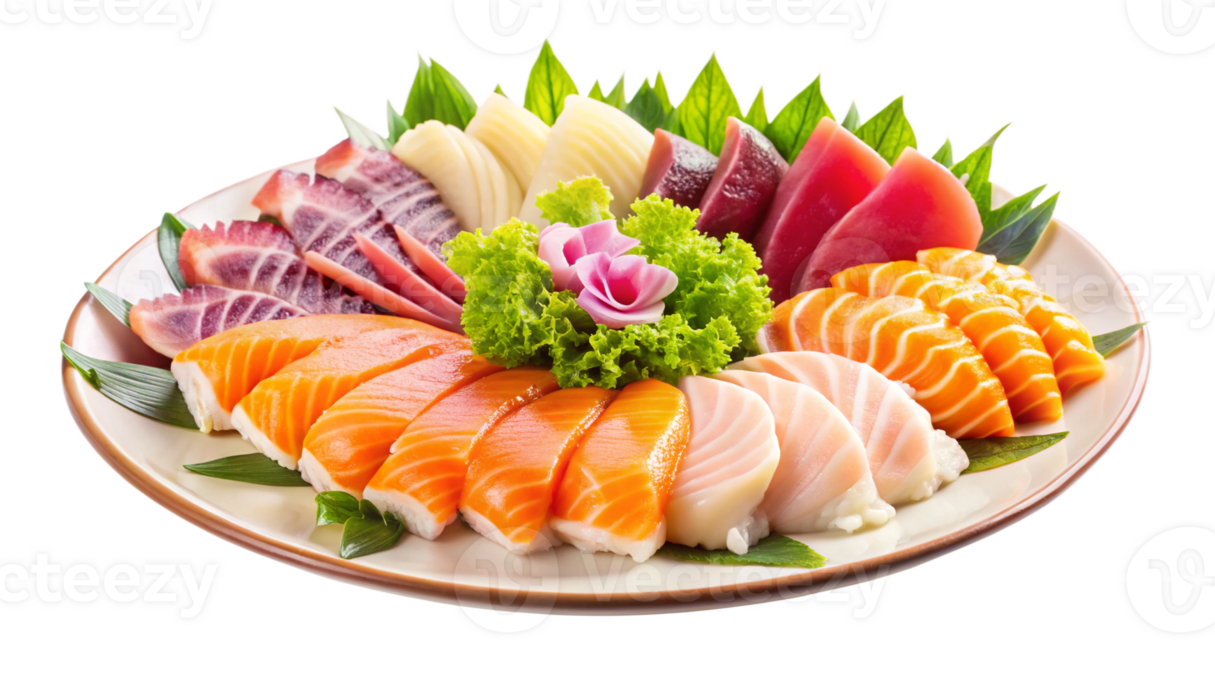 Assortment of colorful sashimi, arranged neatly on a white plate png