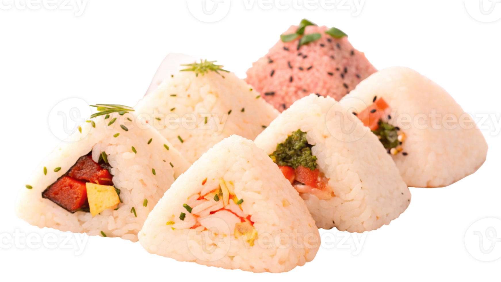 Beautifully arranged onigiri with various fillings png