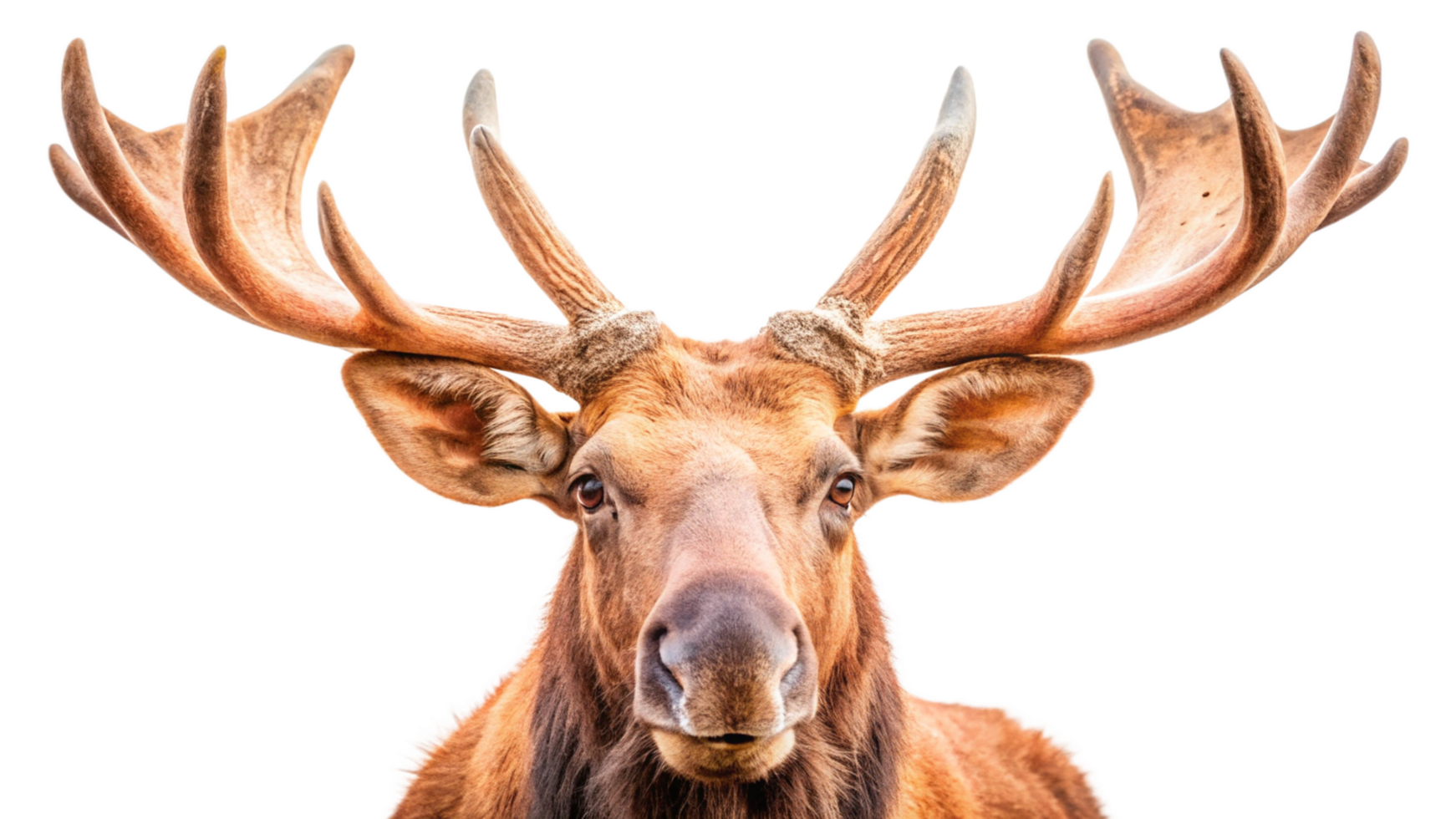 A close up of a moose's head with large horns png