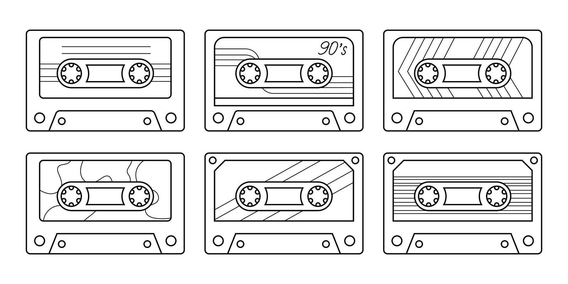 Linear music tapes set on white background. Isolated collection of contour retro cassettes for coloring pages vector